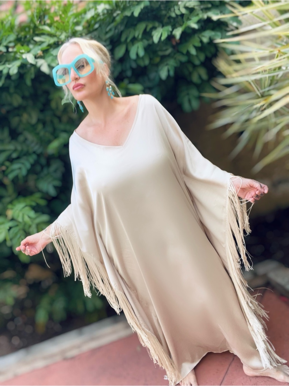 ELEGANT TAUPE TAN FRINGE SATIN LUXURY KAFTAN
